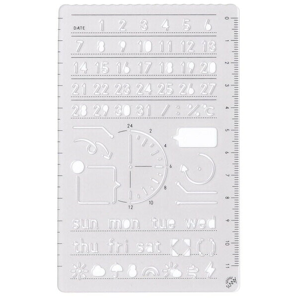 商品名SUNNY TEMPLATE サニー テンプレート DAY フォント 日付 アイコン タイムライン 手帳 定規 かわいい いろは出版説明あなたの1年を晴れにする「SUNNY (サニー)」シリーズ♪手帳やノートにぴったりの文字やイラストが、ペンでなぞるだけで簡単に書ける「TEMPLATE (テンプレート)」です。「DAY (デイ)」柄は、オリジナルフォントとアイコン。毎日の日付や一日のタイムラインが書けます。フォーマットに揃えたいときや、文字やアイコンを組み合わせて書きたいときに便利なガイド線付き。テンプレートの端部分には、11cmまでの定規、波線や吹き出しが書ける波線定規付き。【サイズ】約W80×H128mm【材　質】アクリル【生産国】日本【ご注意】※ペン先が細めの0.5mmのボールペンまで使える設計ですが、メーカーやペン先の形状によっては書きにくいこともございます。 その場合、シャープペンシルなどで下書きをしてから、お好みのペンで清書してご利用ください。品番LSZ-01この商品について 必ずご確認ください配送についてメール便での配送になります。→ご利用の際は必ずお読みください 最低購入価格について 当店では、最低購入金額を800円（税込）以上としています。 →詳細はこちら返品→返品・交換・キャンセルについて※メール便は、日時指定、代金引換、ギフトラッピング・熨斗サービスに対応しておりません。