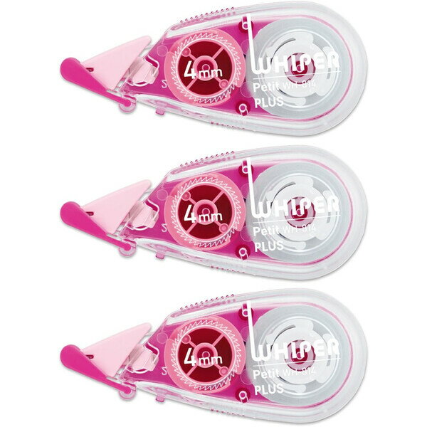 商品名プラス 修正テープ ホワイパープチ 4mm WH-814-3P ピンク 3個パック 使い切りタイプ 49-244説明WHIPER Petit 世界最小クラスの修正テープです。カラフルでかわいいプチサイズ。本体一体型キャップ付きで携帯にも便利。テープが密着するピタッとヘッドでテープ浮きを防ぎ、キレイに上書きできます。〈特徴〉・新設計のピタッとヘッドがテープ浮きを防ぎ、キレイな再筆記が可能。重ね引きしてもテープを削りにくい。・ワンタッチで開閉! 本体一体型なので無くす心配がない便利なキャップ。・テープを送り出す力をサポートし、最後まで滑らかな引き心地を実現するスムーズトルク機構。・直進性に優れたミニローラーを搭載。・引いて1行、文字を見ながら押して1文字修正が可能な2WAY機能。・使い切りタイプ【サイズ】W58×D15×H26mm【材　質】75%再生樹脂(本体ケース=100%再生ポリスチレン(PS))【入　数】3個【テープ幅】幅4mm×長さ6m【本体カラー】ピンク品番WH-814-3Pこの商品について 必ずご確認ください配送についてメール便での配送になります。→ご利用の際は必ずお読みください 最低購入価格について 当店では、最低購入金額を800円（税込）以上としています。 →詳細はこちら返品→返品・交換・キャンセルについて※メール便は、日時指定、代金引換、ギフトラッピング・熨斗サービスに対応しておりません。