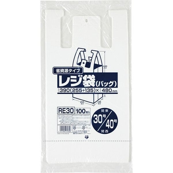 レジ袋 乳白 省資源 関東30号/関西40号 100枚入 吊り下げフック穴付き ゴミ袋 ジャパックス RE30 - 送料無料※800円以上 メール便発送