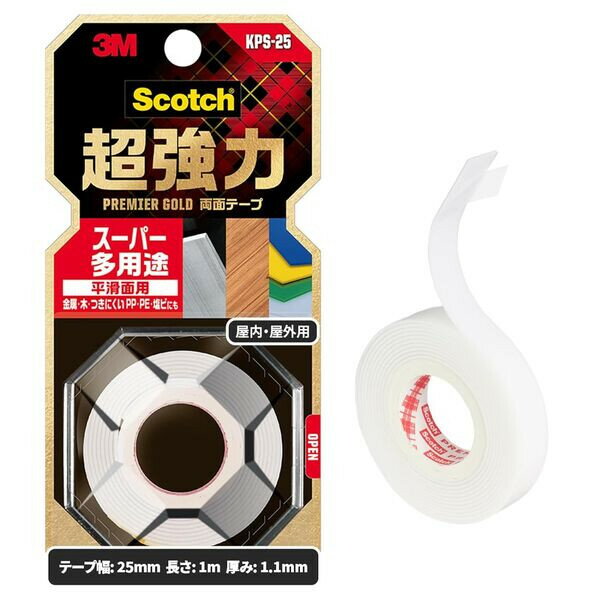 Rakuten - スリーエム 3M スコッチ 超強力 両面テープ プレミアゴールド スーパー多用途 平滑面用 白 25mm×1m 屋内 屋外 KPS-25 - 送料無料※800円以上 メール便発送