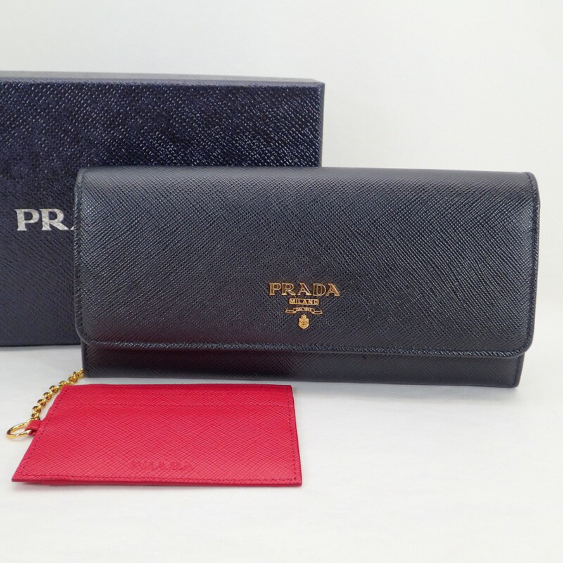 プラダ【PRADA】レザーファスナー小銭入れ二つ折り長財布かぶせカードケース付きブラック/ピンク＊1MH132【中古】