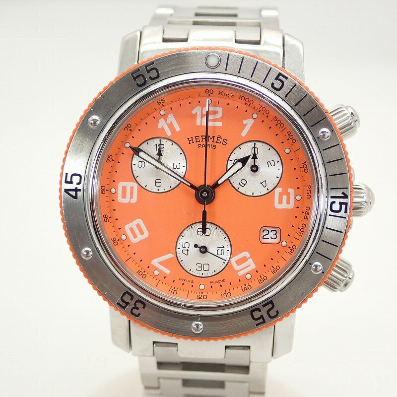 エルメス【HERMES】クリッパーダイバークロノグラフSSオレンジ文字盤クォーツ腕時計＊CL2.916【中古】
