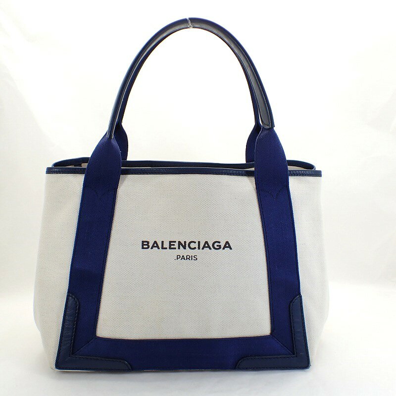 バレンシアガ【BALENCIAGA】ネイビーカバスSトートバッグキャンバスxレザーホワイトxネイビー＊339933【中古】