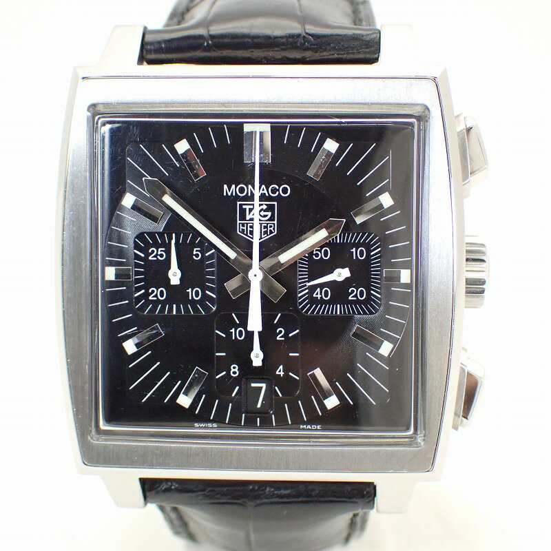 タグ・ホイヤー【TAG HEUER】モナコクロノグラフメンズ自動巻きSSレザーベルトブラック文字盤デイト付き＊CW2111-0腕時計【中古】タグホイヤー