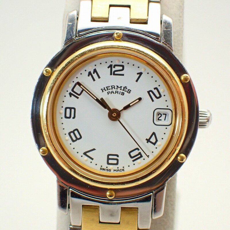 エルメス【HERMES】クリッパーSS/GP白文字盤デイト付きレディースクォーツ＊CL4.220腕時計【中古】