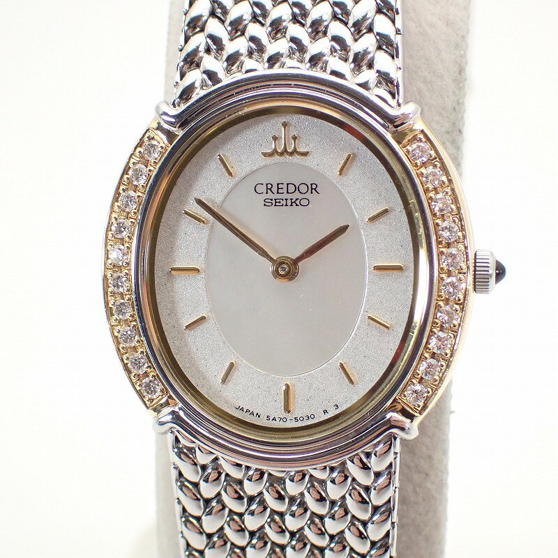 セイコー【SEIKO】クレドールK18ダイヤベゼル/SSシェル文字盤レディースクォーツ＊5A70-3000CREDOR【中古】