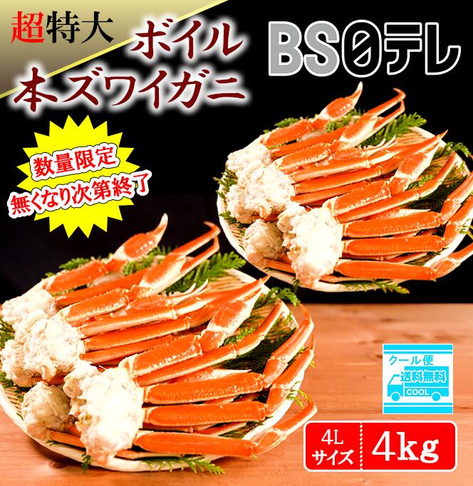 【2026年】ボイル本ズワイガニ 特大4Lサイズ 4kg（2kg×2ケース） 照英・前園が行く！おねだり三昧！北海道超豪華絶品グルメSP BS日テレShopping テレビ通販 ズワイガニ ずわい ズワイ蟹 ずわい蟹 ボイル 特大 4kg クリスマス 年末年始 パーティー 送料無料