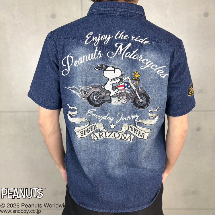 Rakuten - スヌーピー SNOOPYxFLAGSTAFFコラボ半袖デニムシャツ 462024 PEANUTS MOTORCYCLE アメカジ バイカー バイク キャラクター
