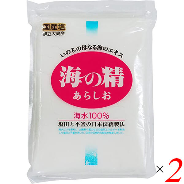 海の精・あらしおはこれぞ、日本につたわる伝統海塩！ 一流の「創り手」に推奨される伝統海塩 1972年、日本から塩田が消え、海水を原料とした国産の塩づくりはすべてイオン交換式に切り替わりました。 「海の精」は、伝統の塩を求める消費者たちが復活した、日本の伝統海塩です。 産地は、美しい自然に囲まれた離島、伊豆大島です。 原料は、黒潮が運ぶ清らかな海水100％。 他の原料塩などは使っていません。 製法は、太陽と風と火の力を活用する日本伝統の製造法を継承しつつ、独自の工夫を加えてきました。 ネット架流下式塩田で海水を濃縮し、蒸気式平釜で塩を結晶させています。 成分は、塩化ナトリウムだけでなく、マグネシウム、カルシウム、カリウムといった、生命保持に欠かせない少量微量の元素を含んでいます。 日本の伝統海塩（あらしお）がしっとりしているのは、海水由来のニガリ成分をほどよく含んでいるからです。 味は、ただ塩辛いだけでなく、ほのかな甘さや旨さ、コクやキレがあります。 海水由来の複雑な味があり、なつかしい味わいです。 料理に使うと、素材の甘味や旨味を引き出し、美味を醸し出してくれます。 あらゆる料理に向いていますが、シンプルな塩味の料理こそ、日本の伝統海塩ならではのおいしさが分かります。 おむすび、塩もみ・サラダ、塩汁・スープ、塩蒸し、塩煮、塩炒め、塩漬け、日本酒のおともにも。 ごはんを炊くときにひとつまみ入れると、米の美味が際だちます。 ＜海の精のこだわり＞ 〇産地の原則 原料産地、製造産地とも日本国内とする。ただし、香辛料など日本で採れない原料、ゴマなど生産量が極めて少ない原料をやむをえず使用する場合を除く。 〇原料の原則 農産物は農薬や化学肥料を使用せず、非遺伝子組み換えによる露地ものや季節ものを使用する。水産物は近海の天然ものを使用する。畜産物は原則として使用しない。食品添加物などの化学薬品は一切使用しない。 〇製法の原則 伝統的・自然的・物理的な製法を用いる。近代的・人工的・化学的な製法は用いない。機械による省力化をする場合も、基本的な工程は変えないものとする。 〇成分の原則 素材がもつ成分バランスを大切にする。抽出・精製・合成などによって、特定の成分を過度に高純度化したり、過度に除去したりしない。 〇味の原則 素材がもつ本来の味を大切にする。調味は塩で素材の味を引き出すことを基本とし、人工的な旨味料、甘味料、酸味料、塩味料などによって恣意（しい）的な味を作らない。 〇思想の原則 私たちの祖先が数千年の歳月をかけて生み出した伝統的な食体系を尊重する。新たな食品を創作する場合も、「身土不二」、「一物全体」、「陰陽調和」の原理を順守して行う。 ◆お召し上がり方 よく効きますので、いつもの使用量よりやや少なめにお使いください。 ※小さな粒ができることがありますが、成分や味には影響ありません。 ■商品名：国産 塩 海塩 海の精 あらしお 伊豆大島 海水 おにぎり 天然塩 自然塩 平釜 マグネシウム カルシウム カリウム 送料無料 ■内容量：315g(7個)×2個セット ■原材料名：海水（伊豆大島近海） ■栄養成分：100gあたり 熱量：0kcal たんぱく質：0g 脂質：0g 炭水化物：0g 食塩相当量：86．36g マグネシウム：700mg カルシウム：400mg カリウム：240mg ■メーカー或いは販売者：海の精 ■賞味期限：食塩は長期的にお使いいただけますので、賞味期間は設定しておりません。 ■保存方法：常温で保存して下さい。 ■区分：食品 ■製造国：日本 ■注意事項：湿気に注意してください。【免責事項】 ※記載の賞味期限は製造日からの日数です。実際の期日についてはお問い合わせください。 ※自社サイトと在庫を共有しているためタイミングによっては欠品、お取り寄せ、キャンセルとなる場合がございます。 ※商品リニューアル等により、パッケージや商品内容がお届け商品と一部異なる場合がございます。 ※メール便はポスト投函です。代引きはご利用できません。厚み制限（3cm以下）があるため簡易包装となります。 外装ダメージについては免責とさせていただきます。