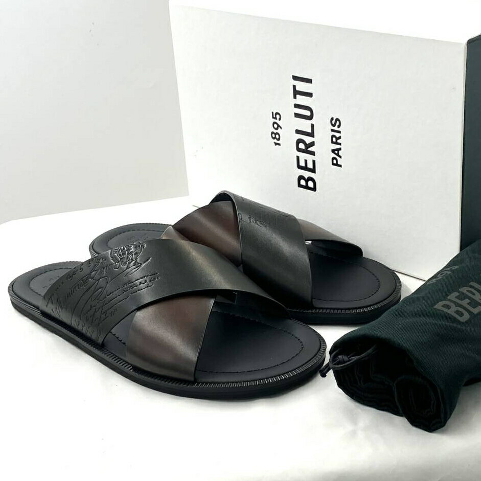 Rakuten - 【未使用】 ベルルッティ Berluti シフノス スクリット レザーサンダル カリグラフィー 9・1/2 27.5cm ブラック 箱 保存袋付 151070