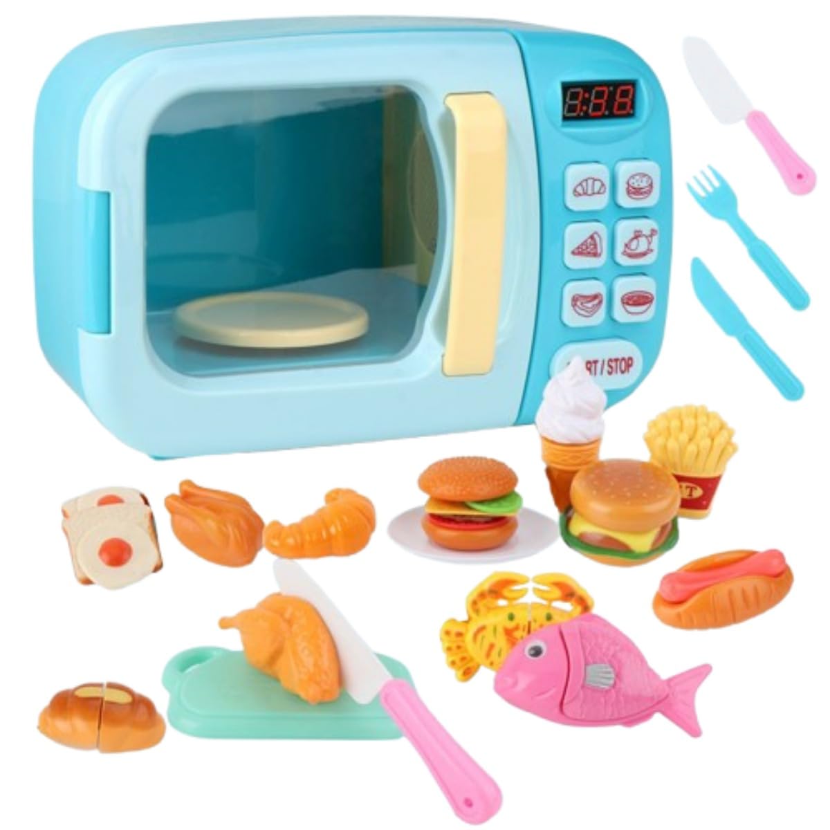 就学前児に向け電子レンジ 玩具 おままごと 子供キッチンプレイセット 音声付き 食べ物 早期学習 知育..