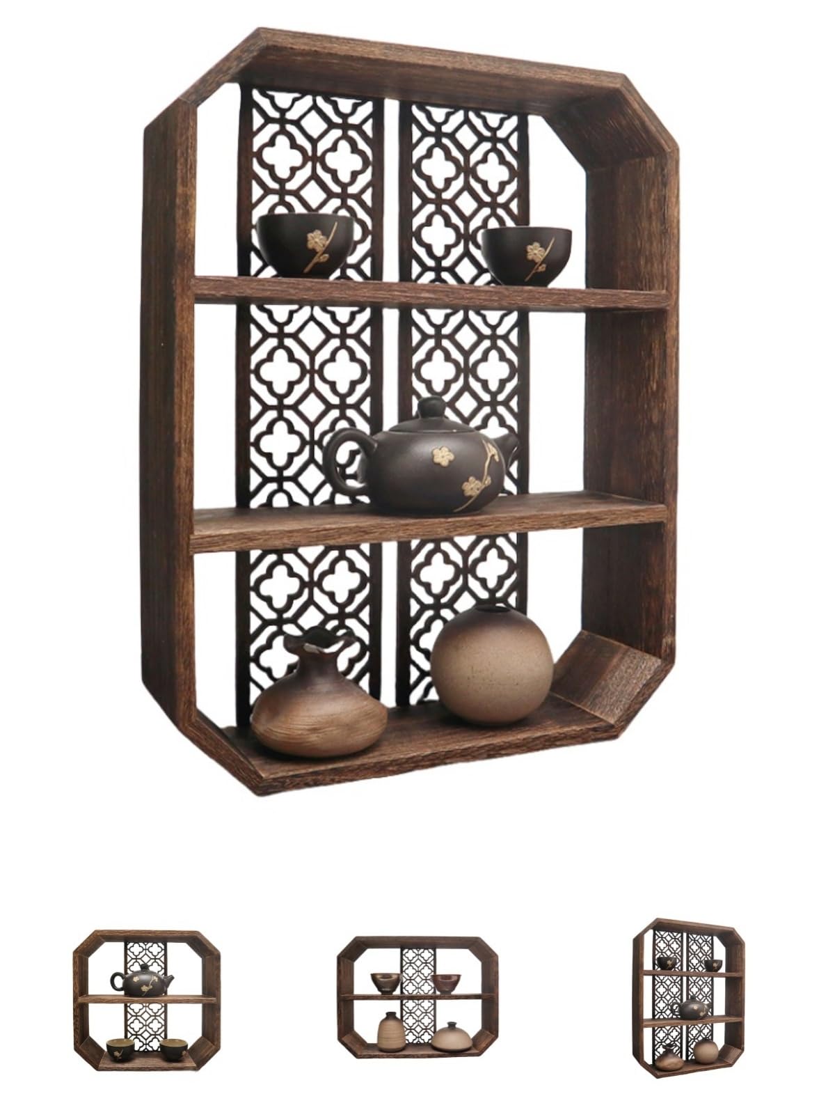 茶器収納棚 茶キャビネット 木製 透かし彫り 2段式 3段式 おしゃれ 収納ラック ティーカップホルダー ..