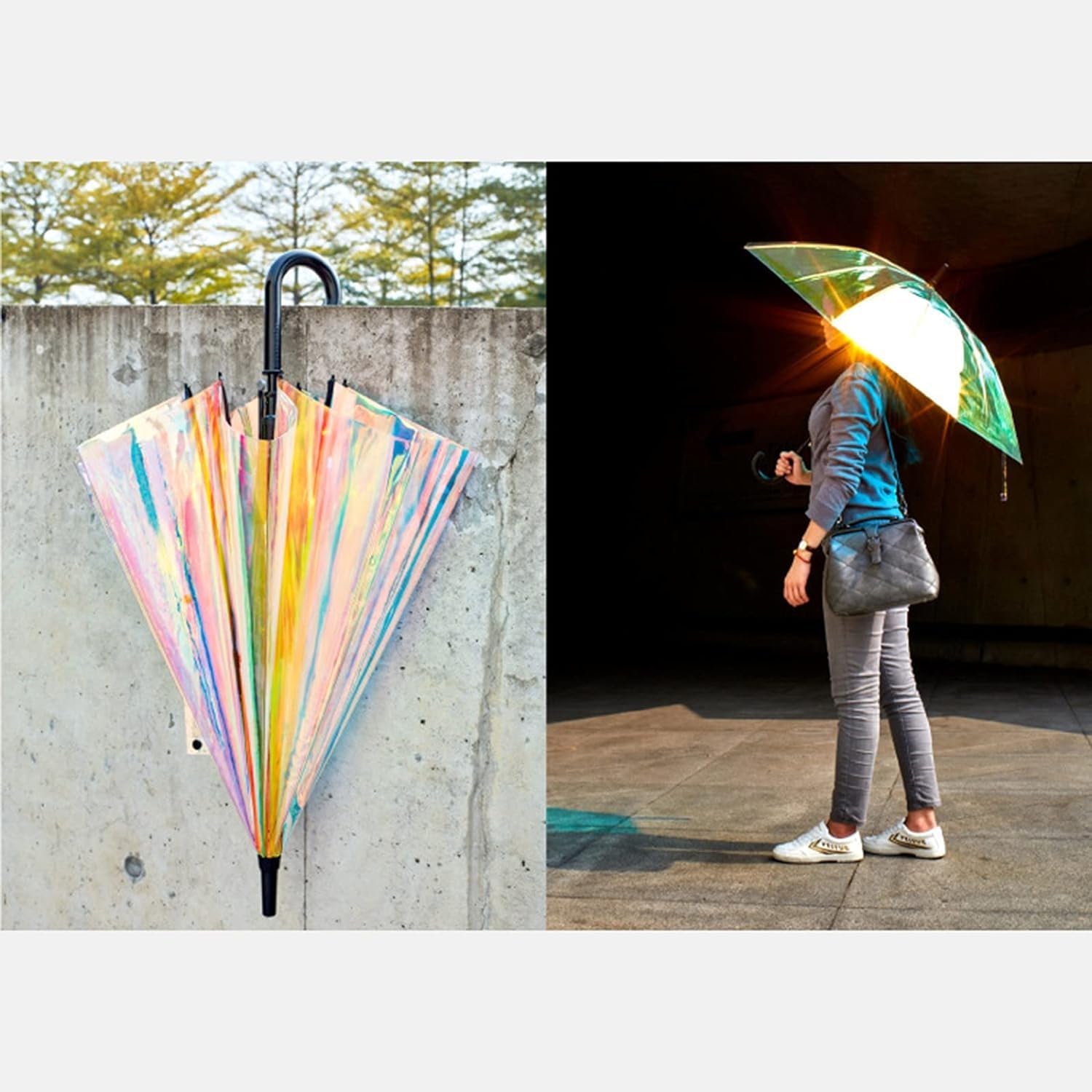 かわいい、透明でカラフルな長柄傘、創造的で個性的、おしゃれな虹色の傘、透明、晴れの日にも雨の日にも適しています。