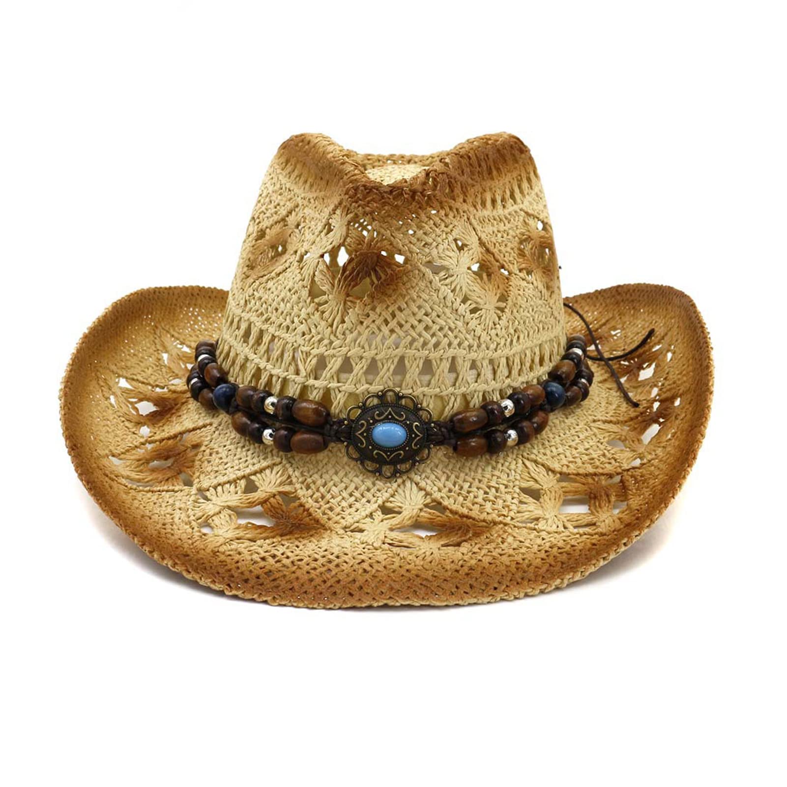 テンガロンハット 麦わら帽子 メンズ レディース カウボーイハット つば広 ビーズ 飾り メッシュ ハッ..