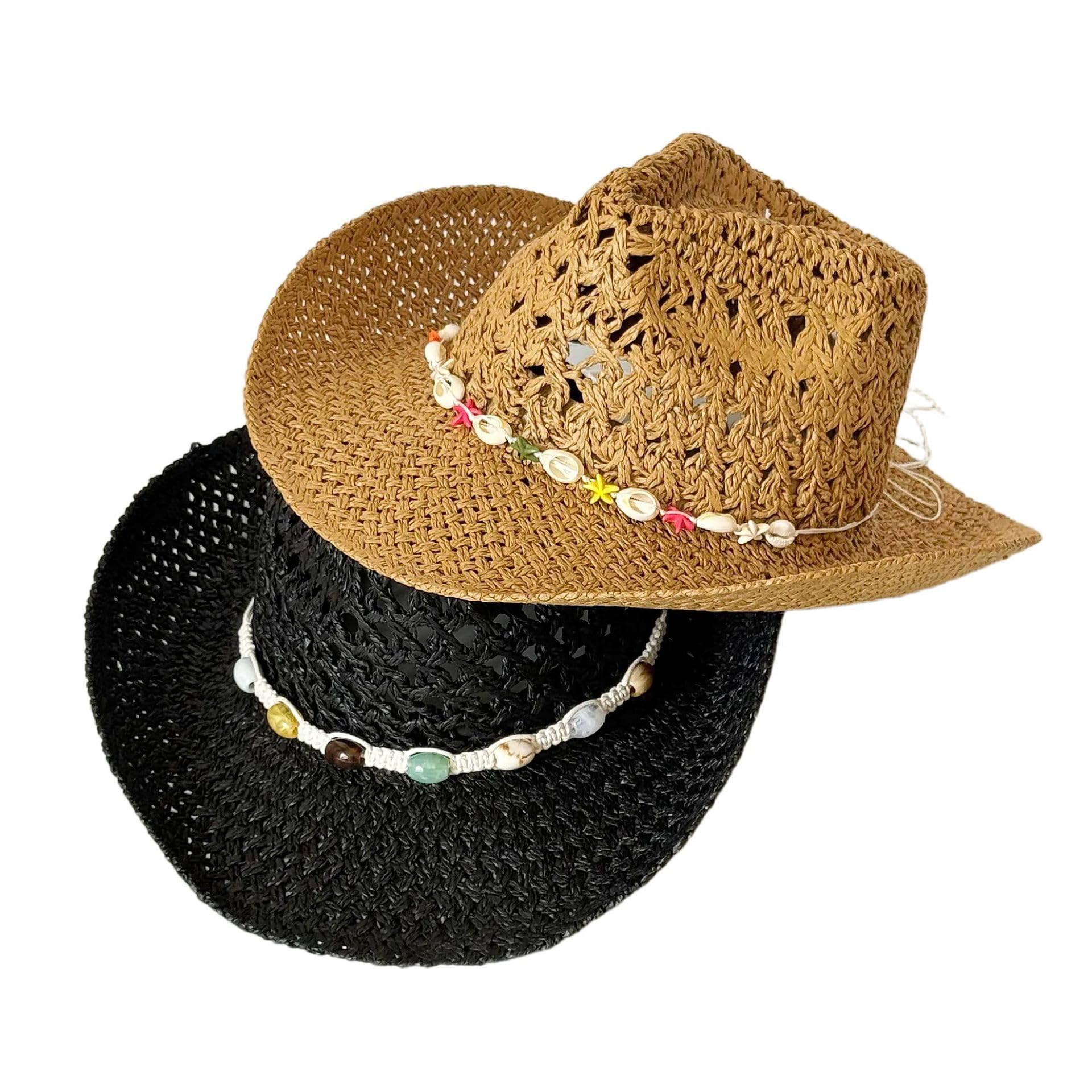 メッシュ 麦わら帽子 ビーチ 中折れ ハット ビーズ 日よけ帽子 テンガロンハット 大きめ 調整可能 紫外..