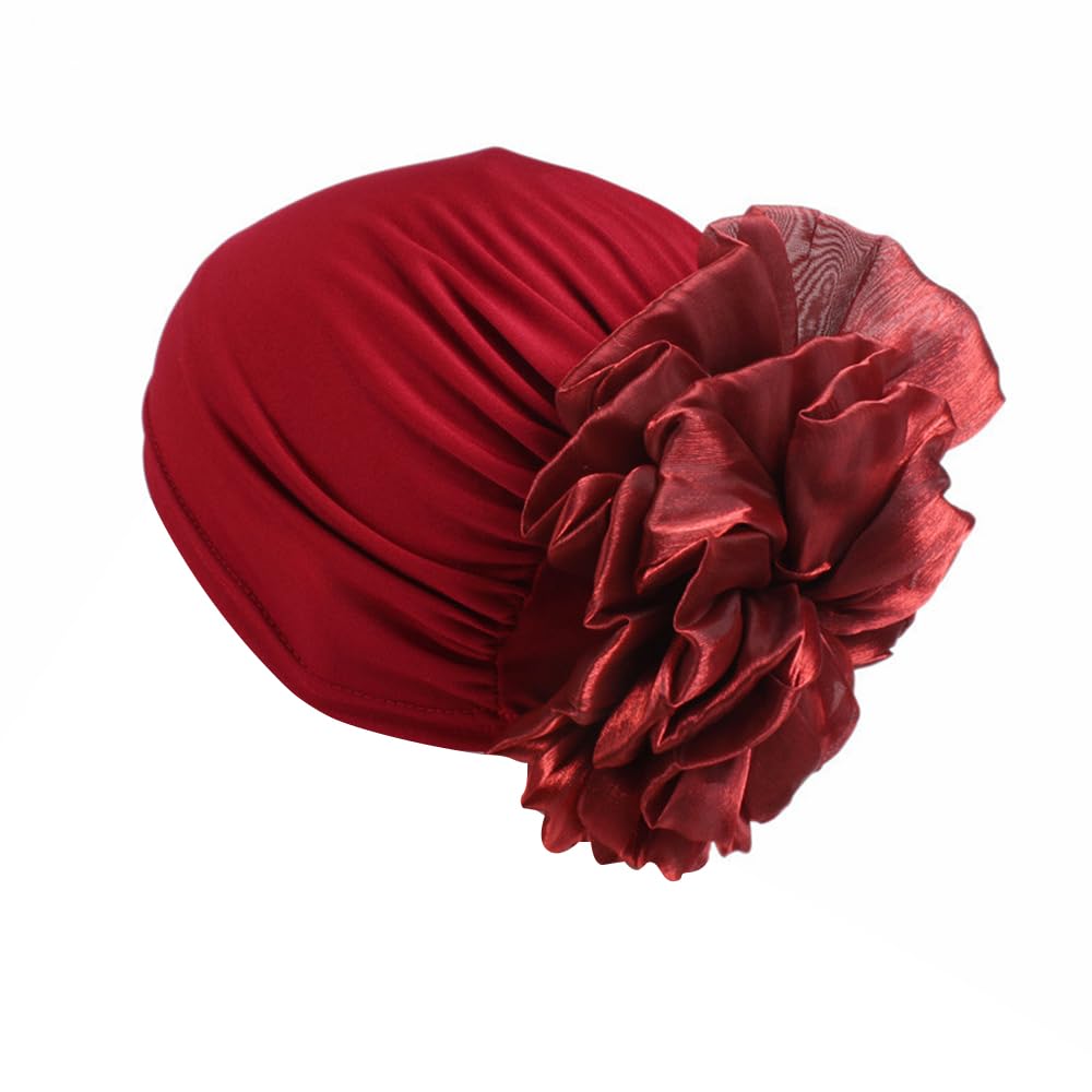 ターバン ケア帽子 可愛い 大きめ花付き ターバン キャップ レディース ニット 帽子 頭巾帽 伸縮性 通..