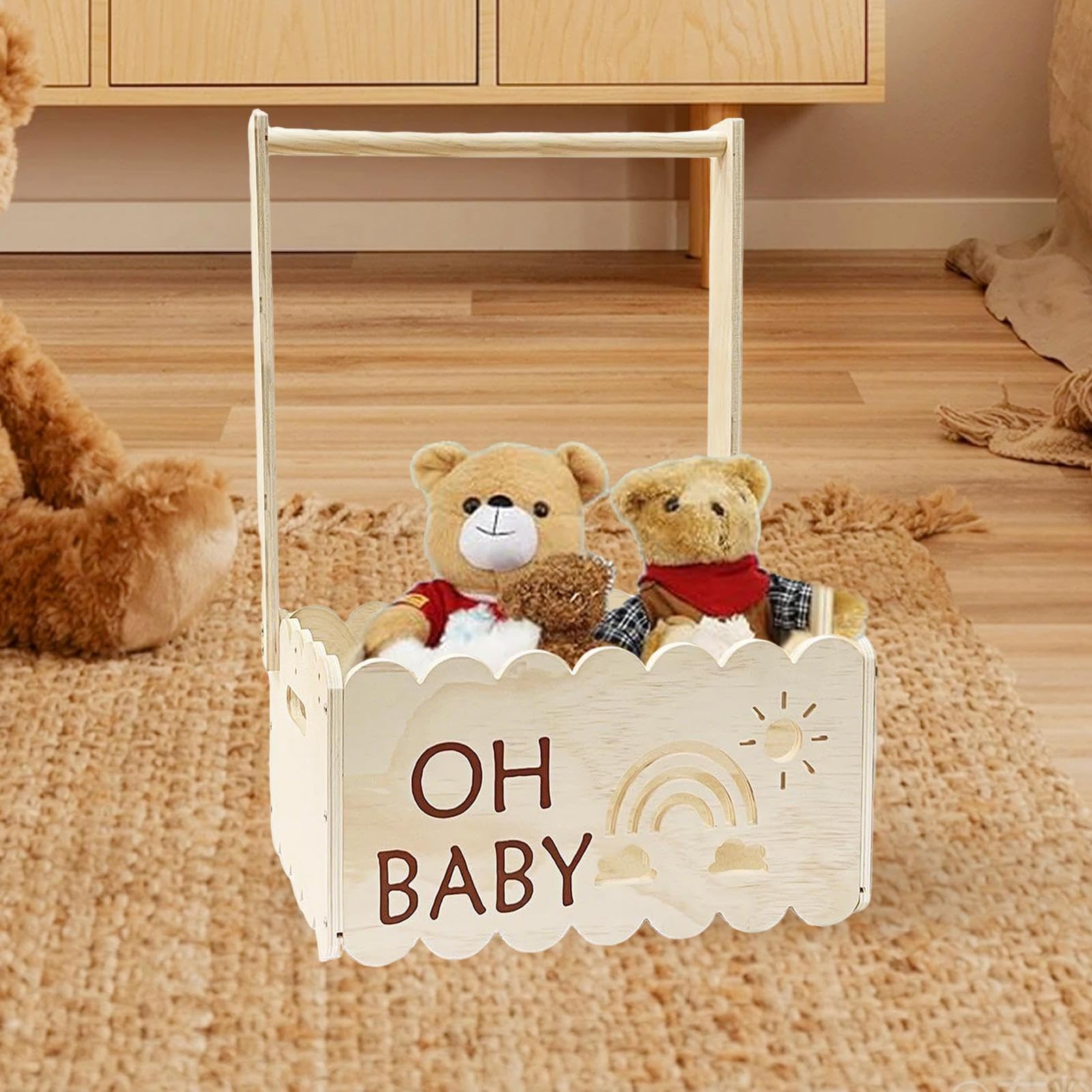 ベビーシャワーギフトバスケット ハンガーラック付き - 木製バスケット ハンドル付,玩具箱 収納オーガ..