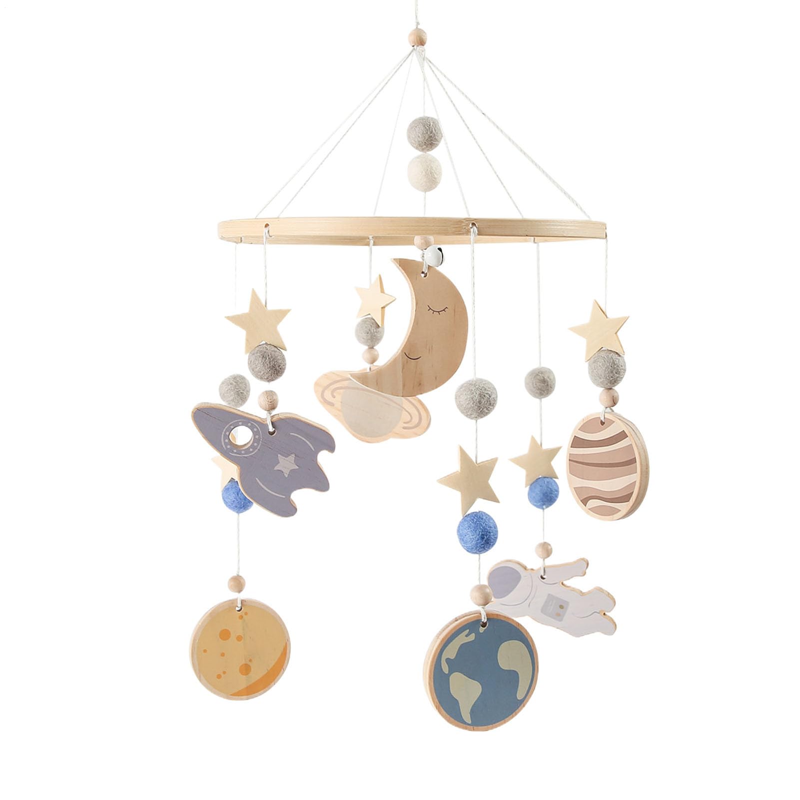 ベビーベッド モバイル - キッズベッドルーム 木製装飾 | 回転 360度回転 宇宙船 惑星パターン 癒し ベ..
