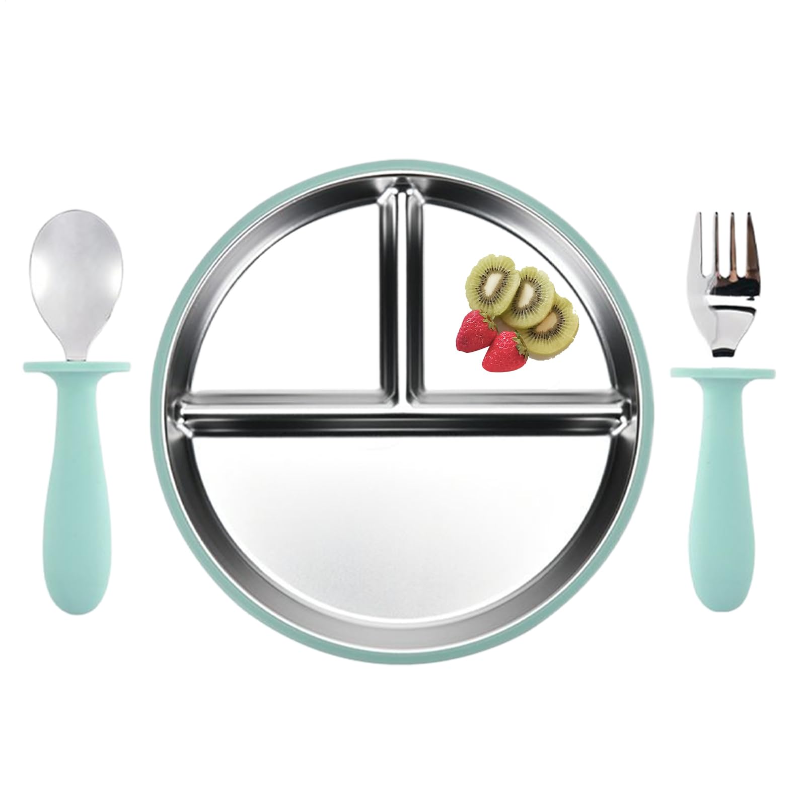 吸引 子ども用 吸盤付き プレート - ベビー用 ボウル スプーンとフォーク ステンレス製 割れにくい 携..