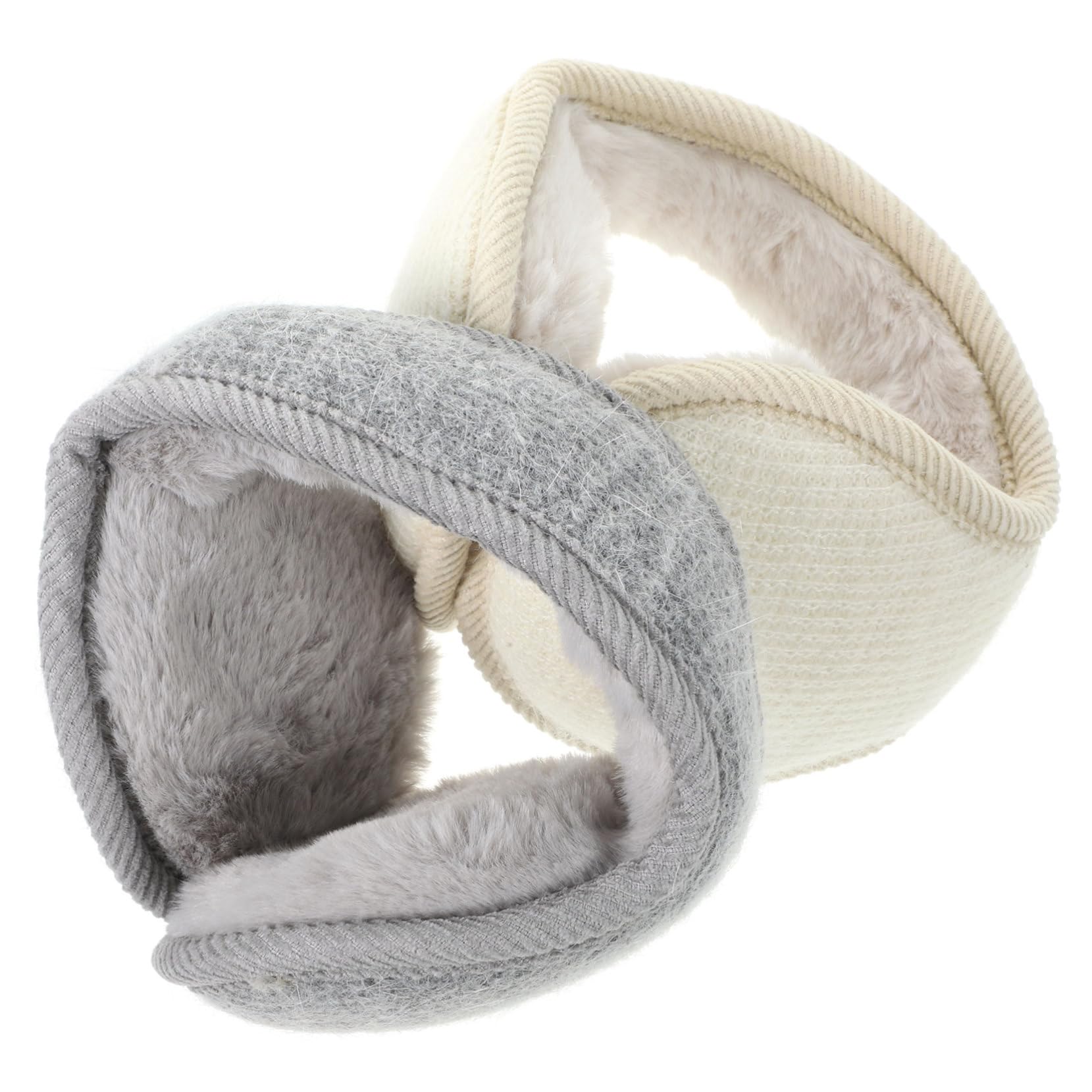 2個 耳を覆うニット折りたたみぬいぐるみイヤーマフ、暖かいイヤーマフ (ベージュ + ソリッドグレー) 2..