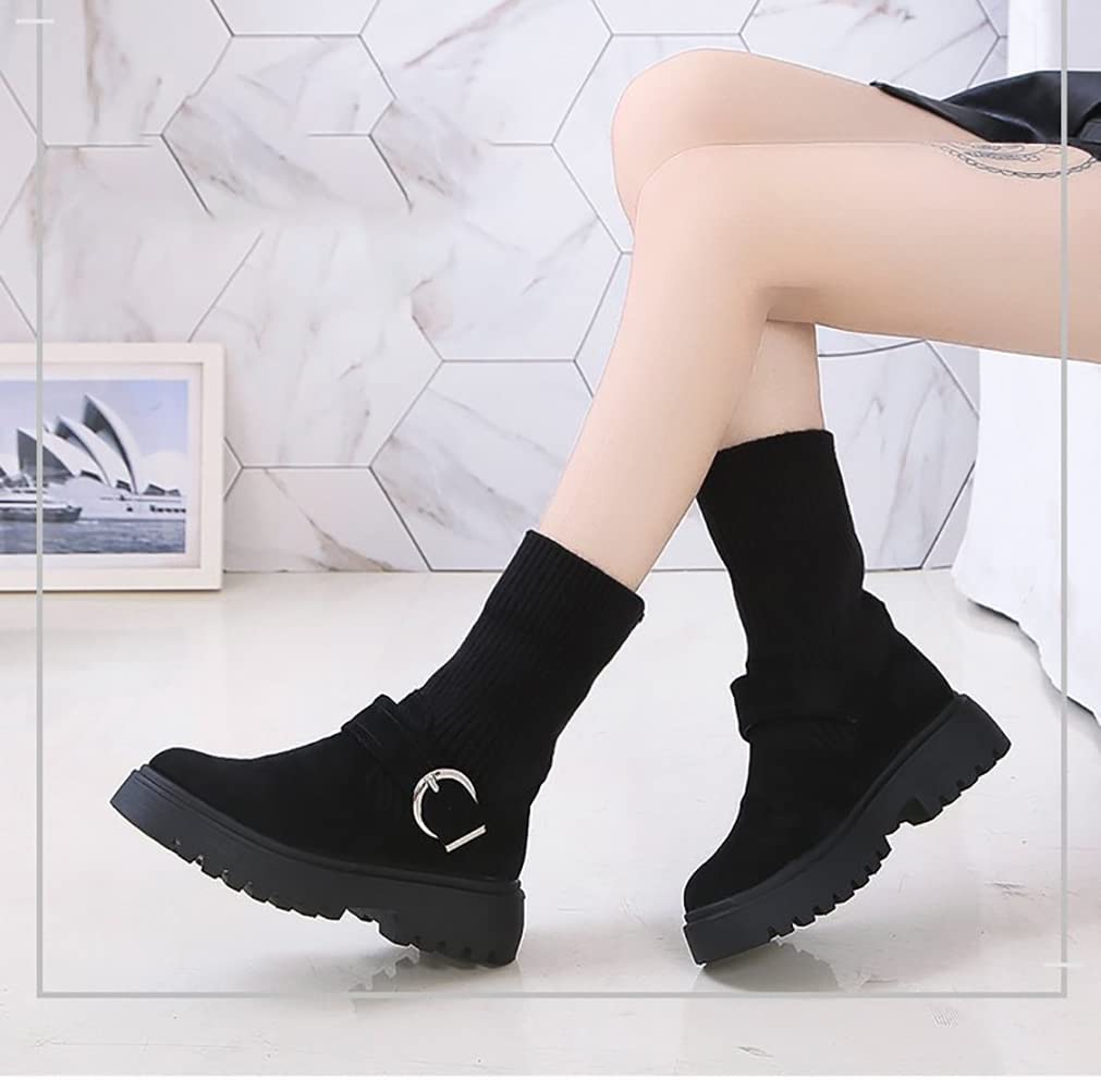 ブーツソックス風 ショートブーツ レディース スノーブーツ 2wayニットブーツ バックルベルト 厚底ブー..