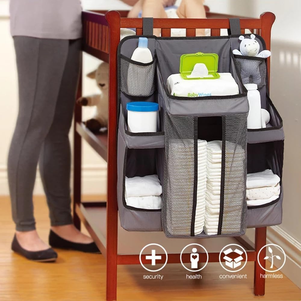 ベビーベッド収納 ベビーベッドサイド収納袋 おむつ収納袋 吊り袋 おもちゃ収納袋 片付け 小物入れ 大..