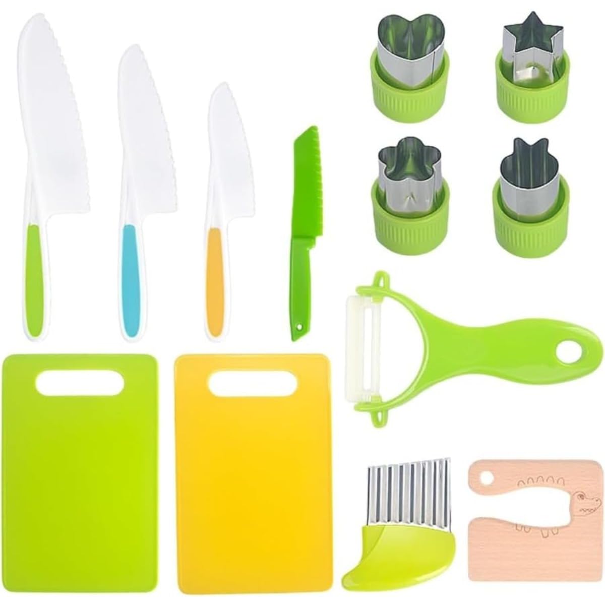 こども包丁 子供用クッキングセット 本物エプロン付き 調理器具付き 安全包 丁 まな板 野菜とフルーツカッター キッズナイフ 環境に優しい 鋸歯状エッジ 安全操作 キッズナイフ 本格的な料理 子 供用キッチンツール 13/17点セット (カラー,13件)