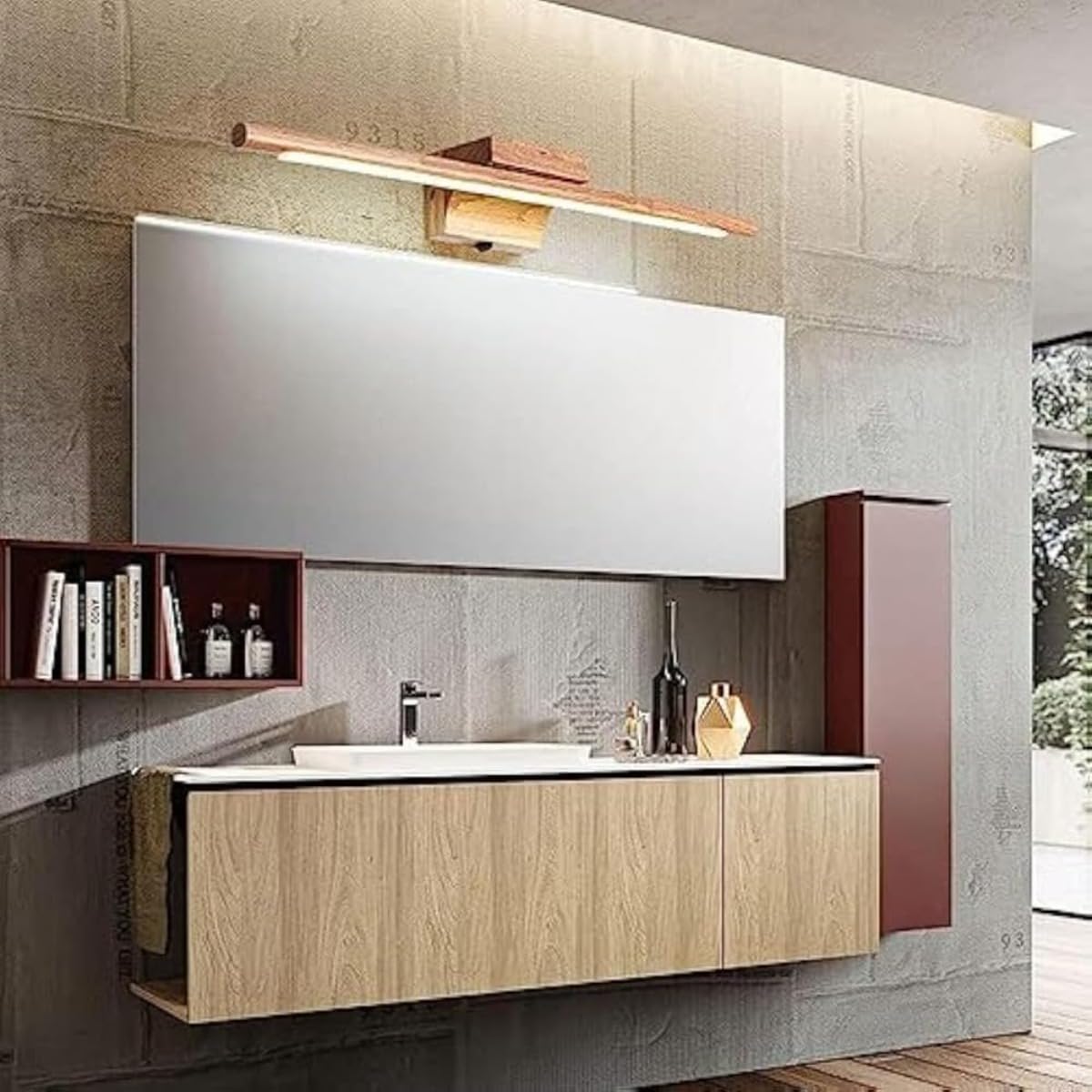 木製化粧台ライト LED 浴室壁取り付け用燭台 スイッチ付き モダン リニア メイクアップミラー フロントウォールライト 木製浴室化粧台照明器具 北欧 ミラーキャビネット 洗面所用ウォールランプ (白色光)(3)