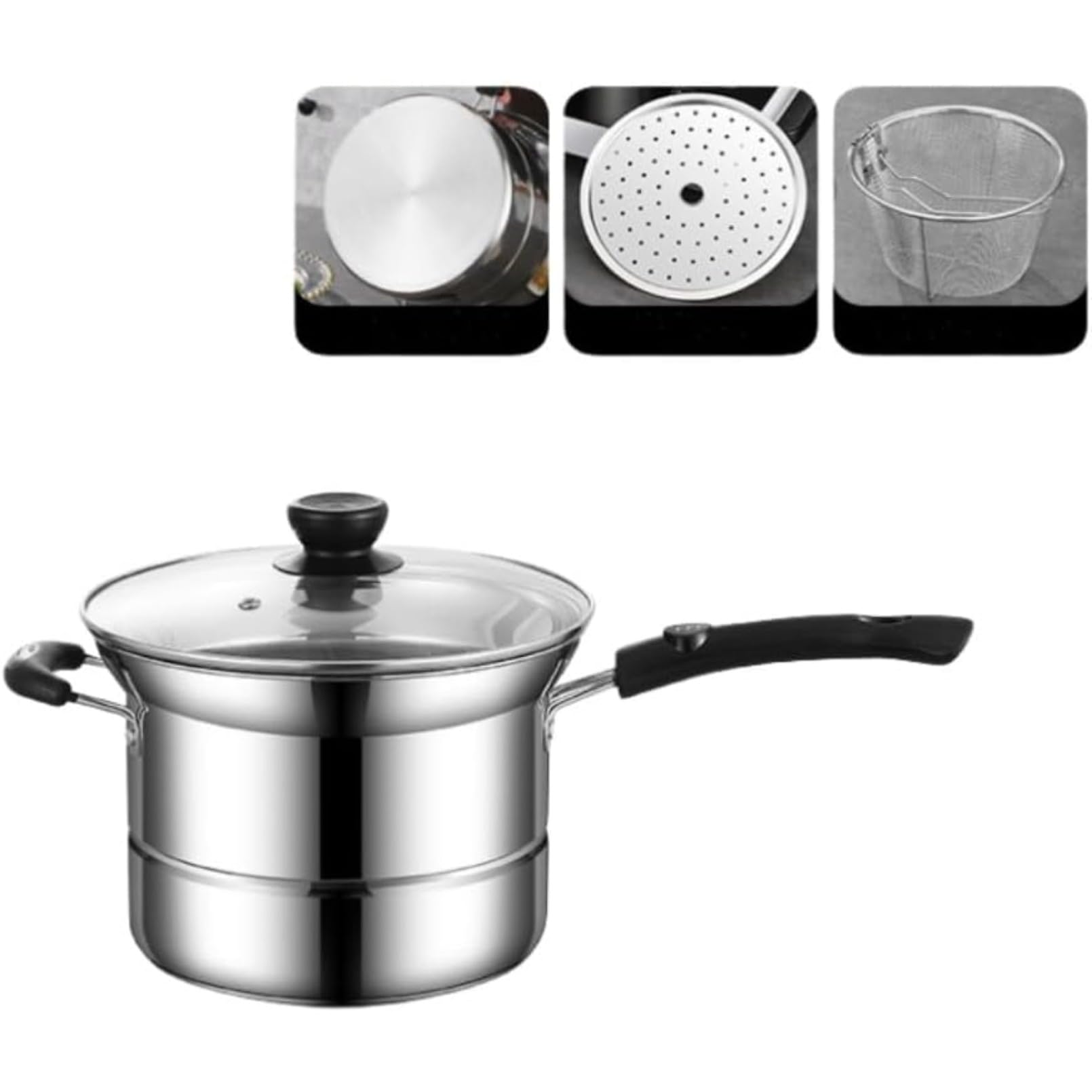 天ぷら22cm ガラス蓋付 ステンレス製 IH対応 多目的スープポット パスタ鍋 蒸し器、天ぷら鍋 うどん そ..