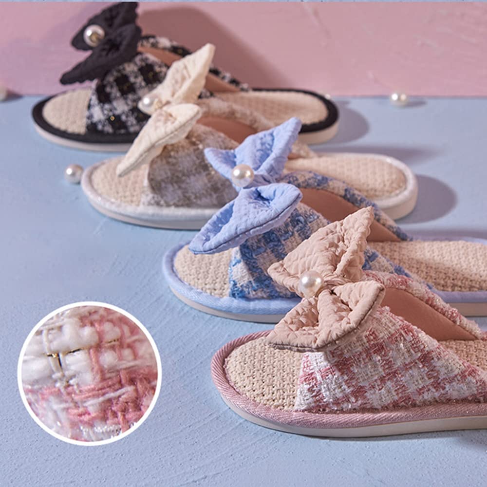 女子スリッパ ルームシューズ レディース 亜麻 リボン 前開きスリッパ 春夏用 オールシーズン 防臭 フ..