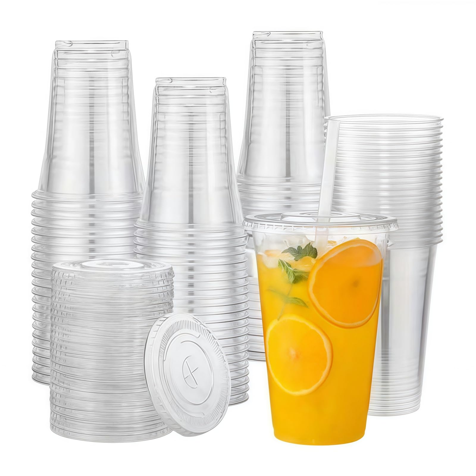 プラスチックカップ 蓋付き 100個 透明 使い捨て 冷たい飲み物用 コーヒー タピオカ対応 フラット蓋付き テイクアウト PET製 口径98mm パーティー用 (600ml) (360ml,透明)
