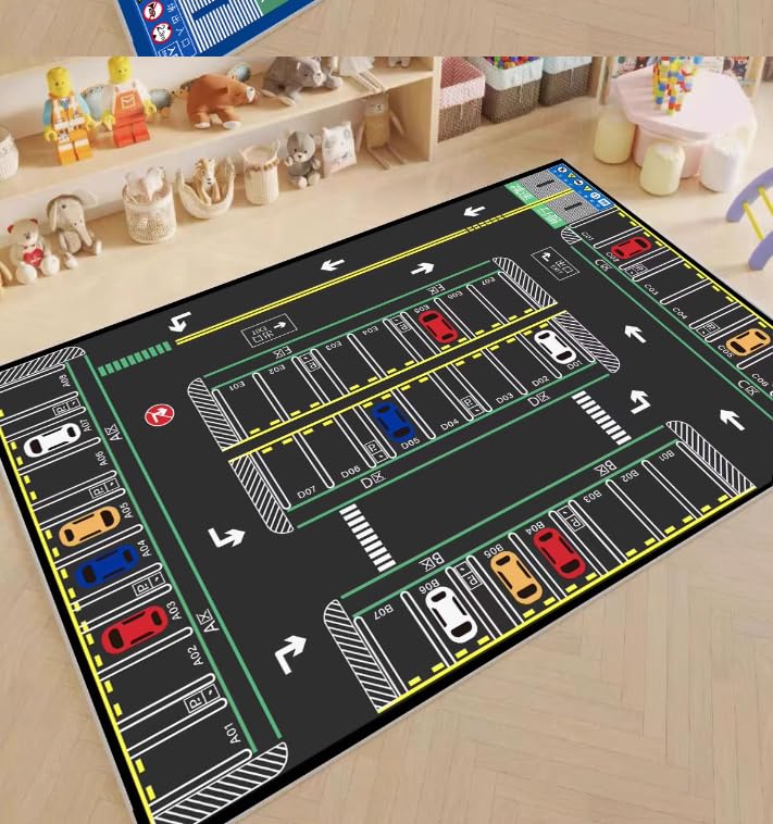 キッズプレイマットプレイマット道路交通デジタルパターンプレイマットカーペット防音防汚洗えるしわになりにくい熱防水床暖房に適しています赤ちゃんと子供部屋早期教育保育園幼稚園床暖房に適していますベッドルーム80×120 CM (120*200cm,ブルー駐車場矢印プリント)