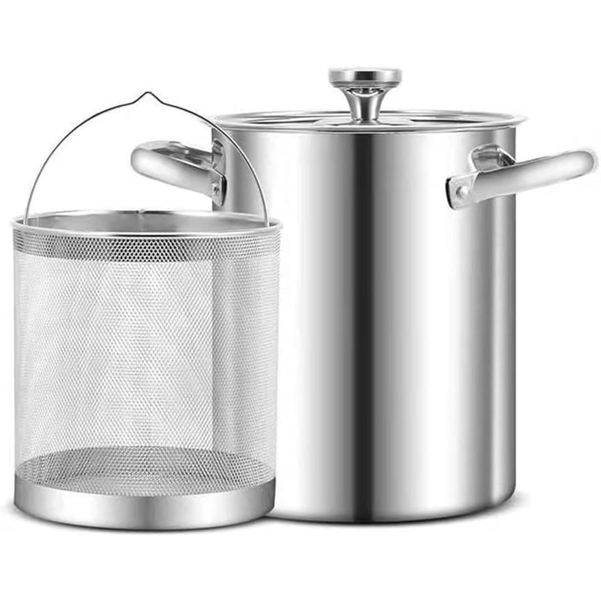 深型パスタ鍋 揚げ鍋 18cm 5.5L IH対応 304ステンレス ガラス蓋付き 野菜茹で用カゴ・パスタメジャー付..