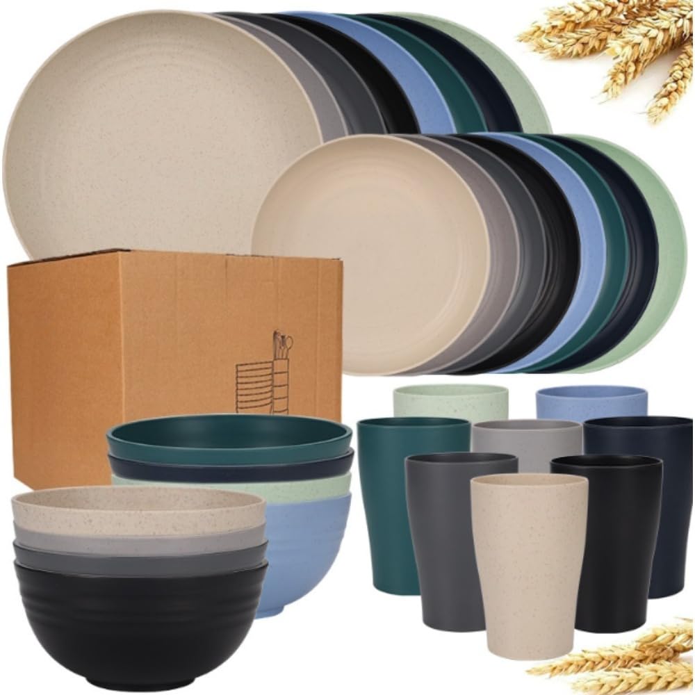 16ピースの飛散防止ディナープレートセット、8人用ストローカトラリーセット、電子レンジと食器洗い機..