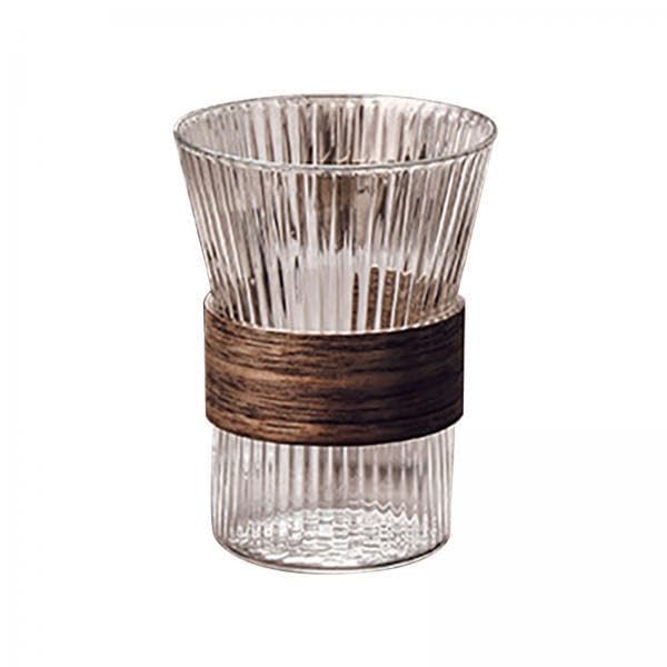 4xガラスカップ テクスチャード クリア 再利用可能 木製カバー付き ガラスドリンクカップ ドリンクグラス アイスコーヒー アイスティー ミルク用