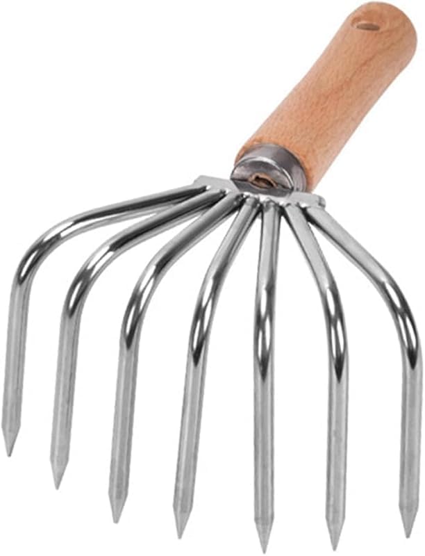 長柄ステンレス製熊手、手熊手、植え付け、耕作、除草、土寄せに使える家庭用園芸工具、木製ハンドル、軽量設計(3)