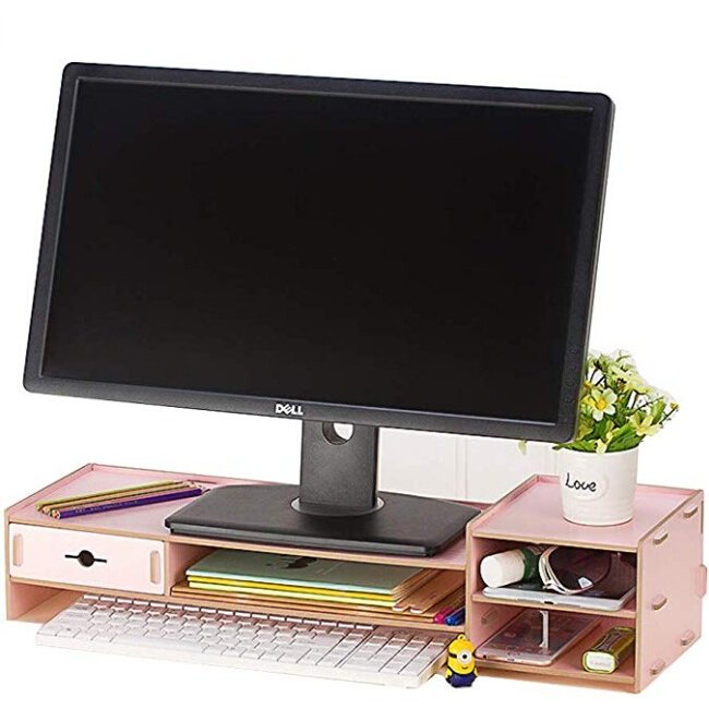 パソコン台 机上 モニター台 デスクトップシェルフ 2段 pc台 引き出し付き キーボード収納 木製 ラック オフィス 充電穴付き 収納 説明書付き 0021 [3]