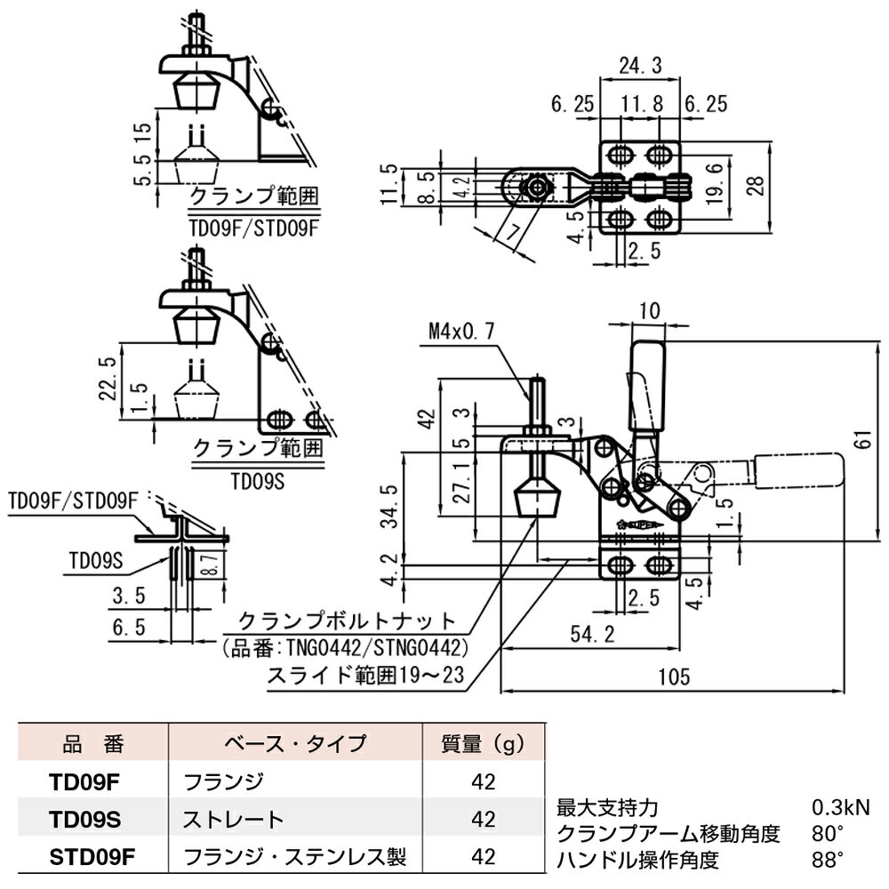 スーパーツール 下方押え型トグルクランプ (垂直ハンドル式) フランジ/ストレート TD09F TD09S SUPERTOOL