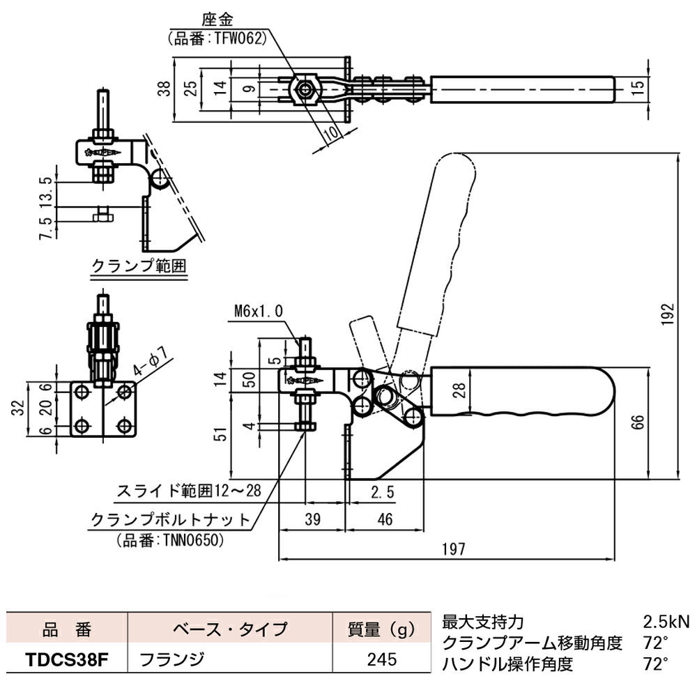 スーパーツール 下方押え型トグルクランプ (水平ハンドル式) フランジ TDCS38F SUPERTOOL