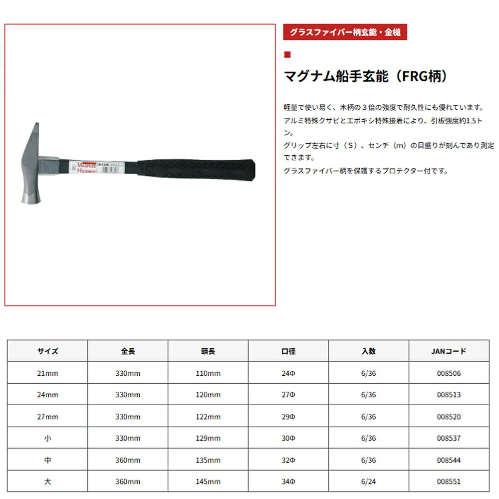 WELLTOOLS 楽天市場店の須佐製作所 マグナムハンマー 船手玄能 (21mm/24mm/27mm/小/中/大) グラスファイバー柄 (頭シルバー仕上) 王将｜アングル3