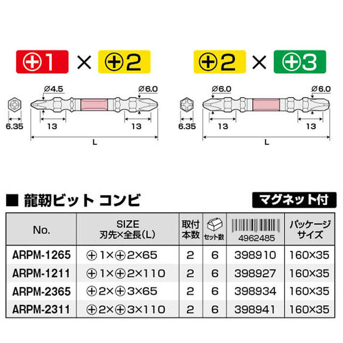 ANEX ζ�٥ӥå� 2���� +1X+2X65mm ����ӥӥå� �ȡ������ӥå� �ޥ��ͥå��� �׷�ۼ� Ĺ��̿ ���ॢ�������� ����ѥ��ȥɥ饤�С� 18V 40V�б� �ӥ� ����������å� �ڥͥ� �֥� 6.35mm�� ������ ARPM-1265 ��������