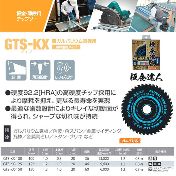 モトユキ ガルバリウム鋼板用 板金達人 グローバルソー 外径125mm 寿命重視タイプ 超硬チップ 薄刃設計 騒音吸収 長寿命 交互刃 丸鋸 チップソー ガルバ対応 プロ用 GTS-KX-125 2