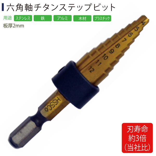 ライト精機 チタンコーティング仕様 六角軸 ステップビット ステンレス対応 4mm 5mm 6mm 7mm 8mm 9mm 10mm 11mm 12mm 長寿命 チタンコーティング タケノコドリル ステップビット 穴の拡大 面取り バリ取り 丸穴加工 HSS HTS-1