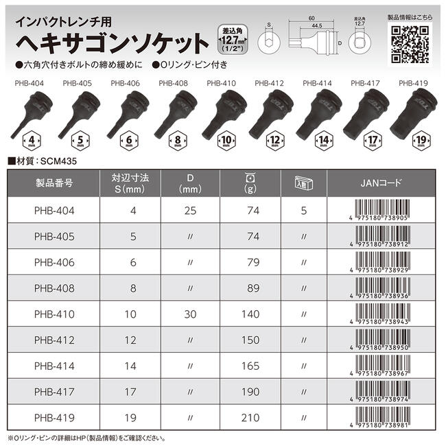 トップ工業 インパクトレンチ用ヘキサゴンソケット 4mm 差込角12.7mm インパクトレンチ用 エアーツール 六角袋ナット へクスソケット ヘキサゴンレンチ 設備 機械 オーリングピン付き 日本製 PHB-404 TOP 3