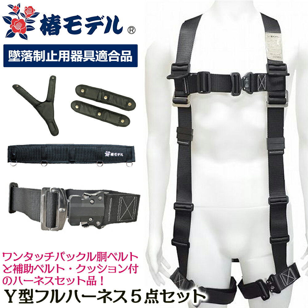 椿モデル Y型フルハーネス 5点セット [墜落制止用器具適合品] ワンタッチバックル胴ベルト + 補助ベルト670mmタイプ 背中＆腿用クッションパッド ブラック 使用可能重量 130kgまで 4サイズ (S・M・L・LL) HYF2-BL-SET6 アイダ