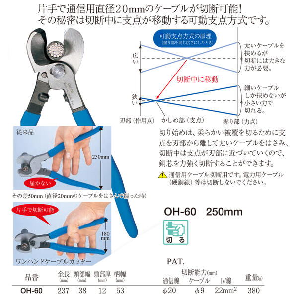 TTC ワンハンドケーブルカッター 250mm 可動支点方式採用 片手で通信線 ケーブル線 IV線 切断中移動 支点移動 電設 電気工事 ケーブルニッパー 配線 切断工具 プロ用 日本製 新潟県燕三条 OH-60 kingTTC ツノダ