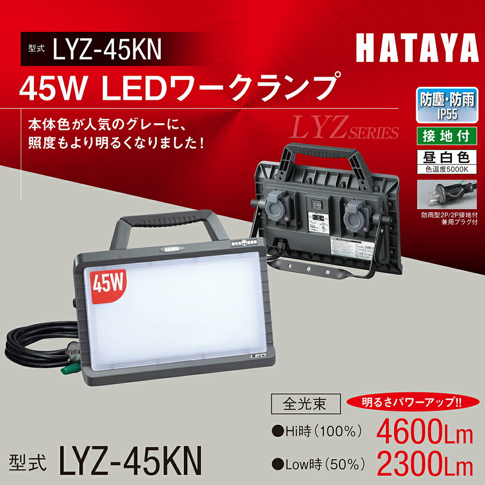 HATAYA 45W LEDワークランプ 2300～4600Lm IP55 グレー 投光器 接地付 昼白色 防雨型2P/2P接地付兼用プ..