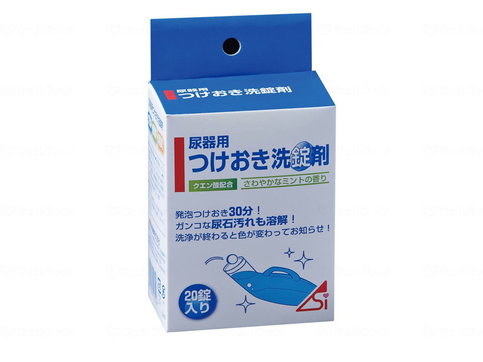 【メーカー名】浅井商事【JANコード】4905203103526【メーカーコメント】○ガンコな尿石汚れもよく落とします。○除菌・消臭効果もあります。○洗浄が終わると色が変わってお知らせします。【表示成分】成分：ハロゲン系化合物（塩素化イソシアヌル酸塩）・無機過酸化物・有機酸・クエン酸・界面活性剤・無機成型剤及び助剤・色素・香料【用法】【規格】3g×20錠入【規格詳細】○液性：弱酸性○正味量：3g×20錠【生産国】日本【ポイント】ガンコな尿石汚れに【備考】【選定理由】【注意事項】