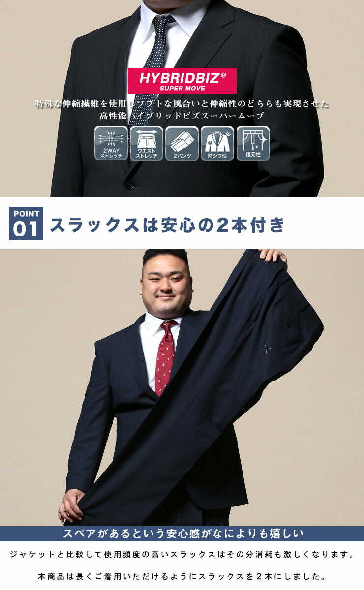スーツ 大きいサイズ メンズ ビジネススーツ 2パンツ 防シワ ノータック 2WAYストレッチ ウォッシャブル シングル 二つ釦 伸縮 ストレッチ 洗える ダークグレー/ブルー KB体 KBE体 3L 4L 5L 6L 7L 8L相当 HYBRIDBIZ 大きいサイズのビジネススーツ サカゼン