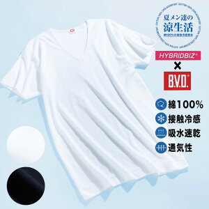 肌着 大きいサイズ Tシャツ 半袖 メンズ 春夏対応 HYBRIDBIZ×BVD 接触冷感 綿100％ Vネック アンダーシャツ ホワイト/ブラック LLサイズ 3L 4L 5L 6L 7L 8L 9L インナー メンズ ビーブイディ B.V.D. 大きいサイズの肌着 サカゼン